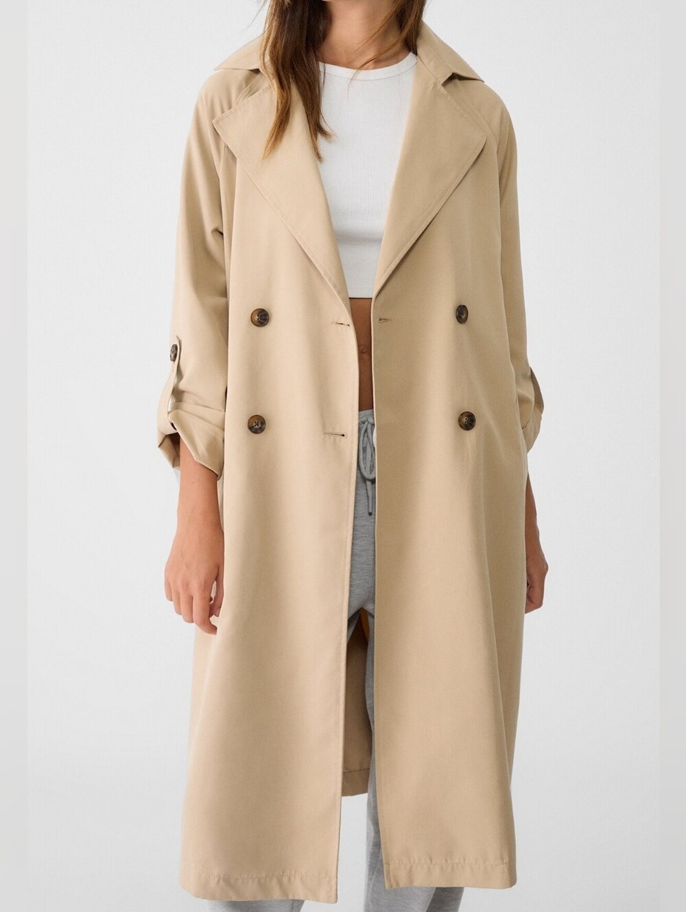 Stradivarius Classic Beige Trench Coat Long Double-Breasted Coat - MISSING BELT
